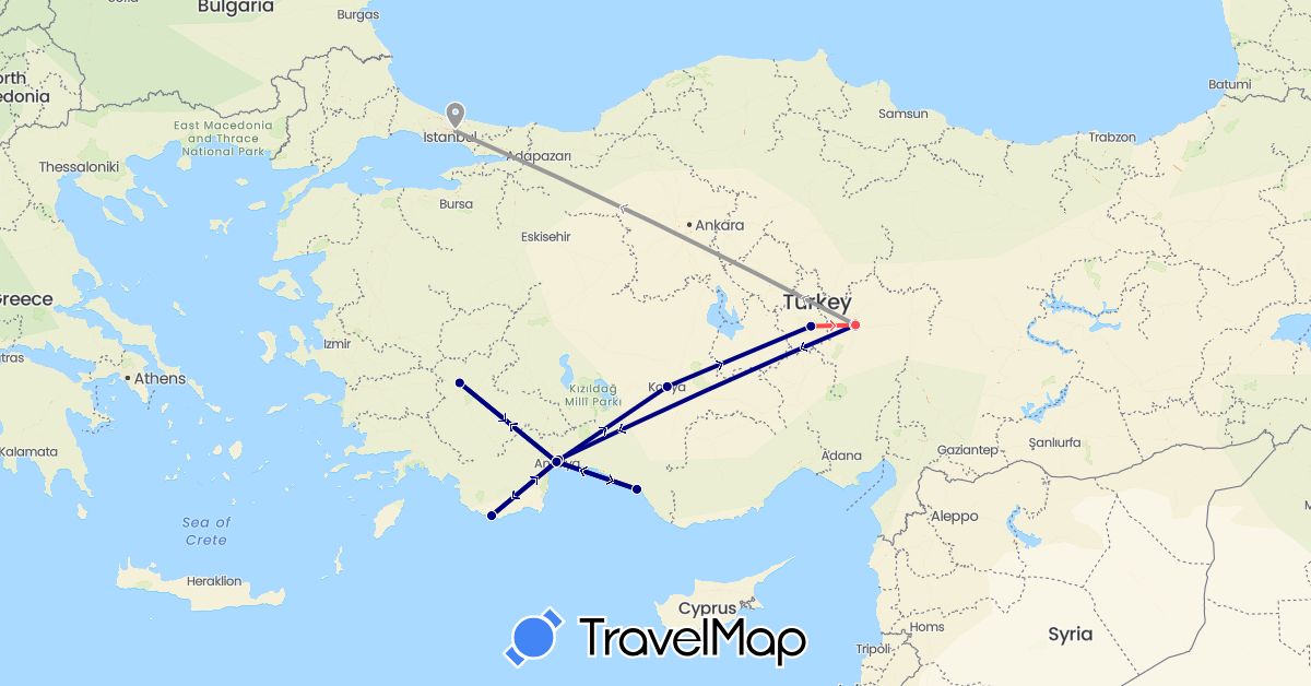 TravelMap itinerary: driving, plane, hiking in Turkey (Asia)