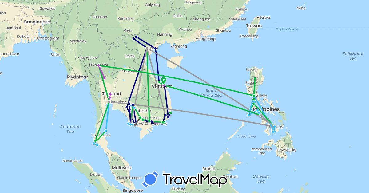 TravelMap itinerary: driving, bus, plane, train, boat, motorbike in Cambodia, Philippines, Thailand, Vietnam (Asia)