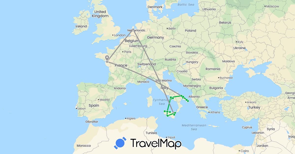 TravelMap itinerary: driving, bus, plane in France, Italy, Netherlands (Europe)